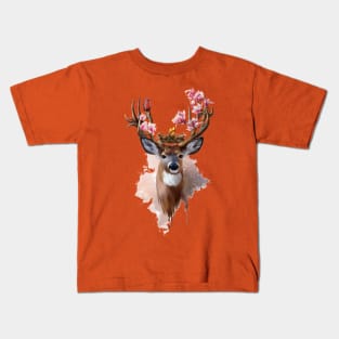 Deer with bird and flowers Kids T-Shirt